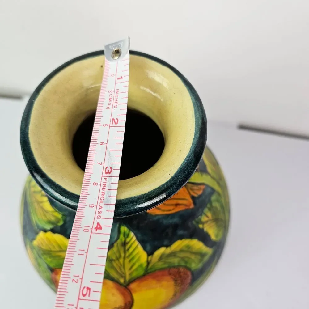 Vintage Mexican Pottery Tourist Vase Yellow Fruit‎ Green Leaves Burnished GUC
